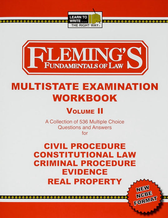 Fleming's Essay Exam Writing Workbook Volume 2 is a self-instruction manual that includes 15 bar exam practice tests and detailed instructions on how to master the skills of issue spotting, analysis, and writing. It covers three subjects – Evidence, Property, and Civil Procedure – with five bar exam questions each, accompanied by sample IRAC outlines and answers to help you hone your skills.